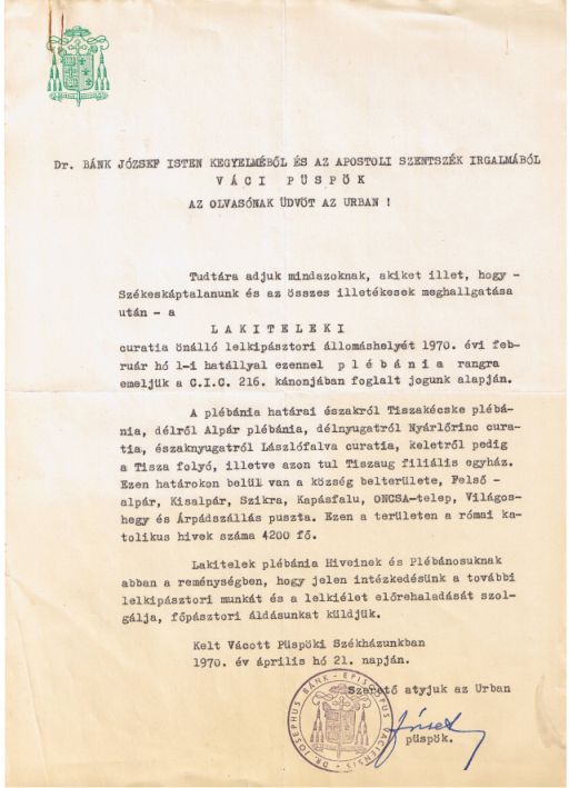 Plébániai rangra emelésről szóló levél